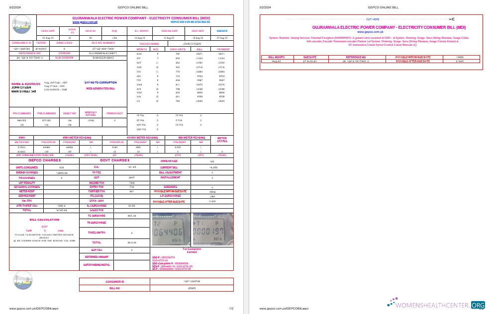Pakistan Gujanwala electric power company electricity utility bil Word and PDF formats, 2 pages
